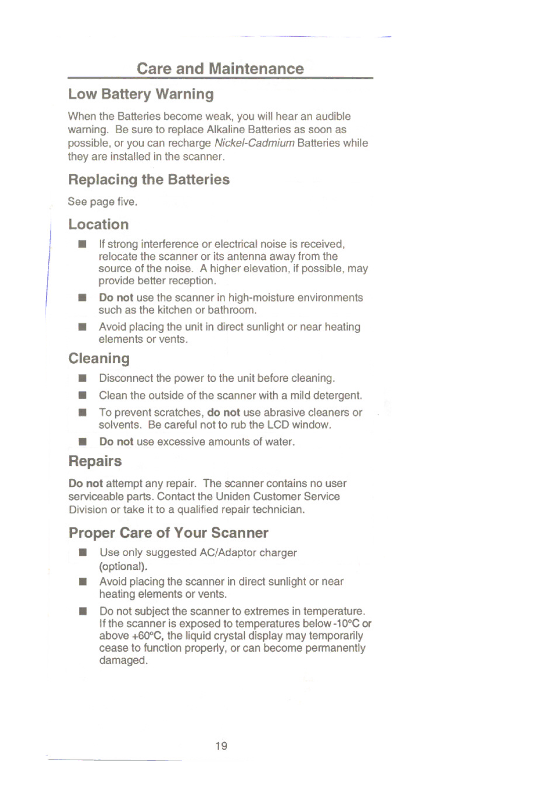 Uniden UBC60XLT manual Replacing the Batteries, Location, Proper Care of Your Scanner 