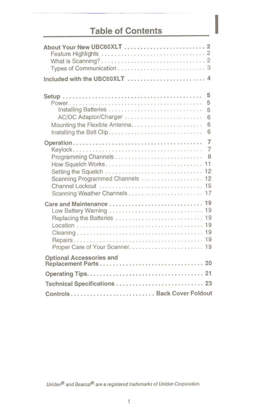 Uniden UBC60XLT manual Table of Contents 