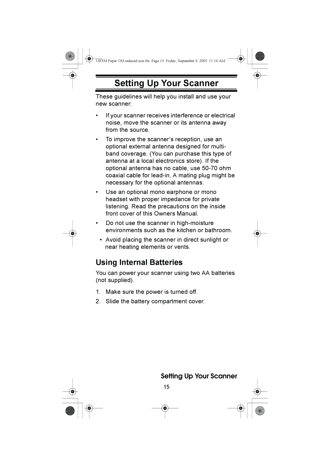 Uniden UBC69XLT manual Setting Up Your Scanner, Using Internal Batteries 