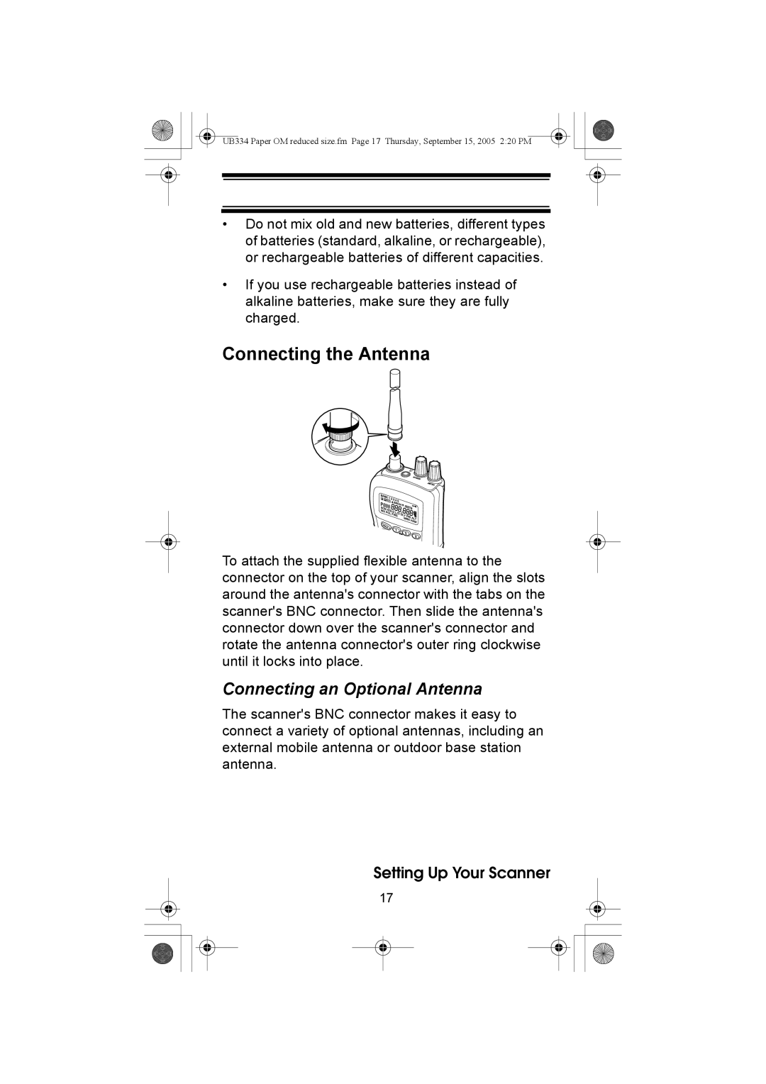 Uniden UBC69XLT manual Connecting the Antenna, Connecting an Optional Antenna 