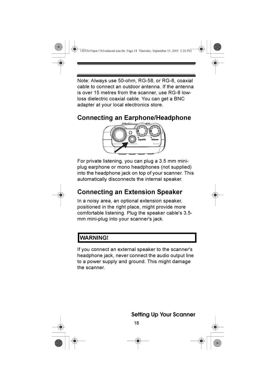 Uniden UBC69XLT manual Connecting an Earphone/Headphone, Connecting an Extension Speaker 