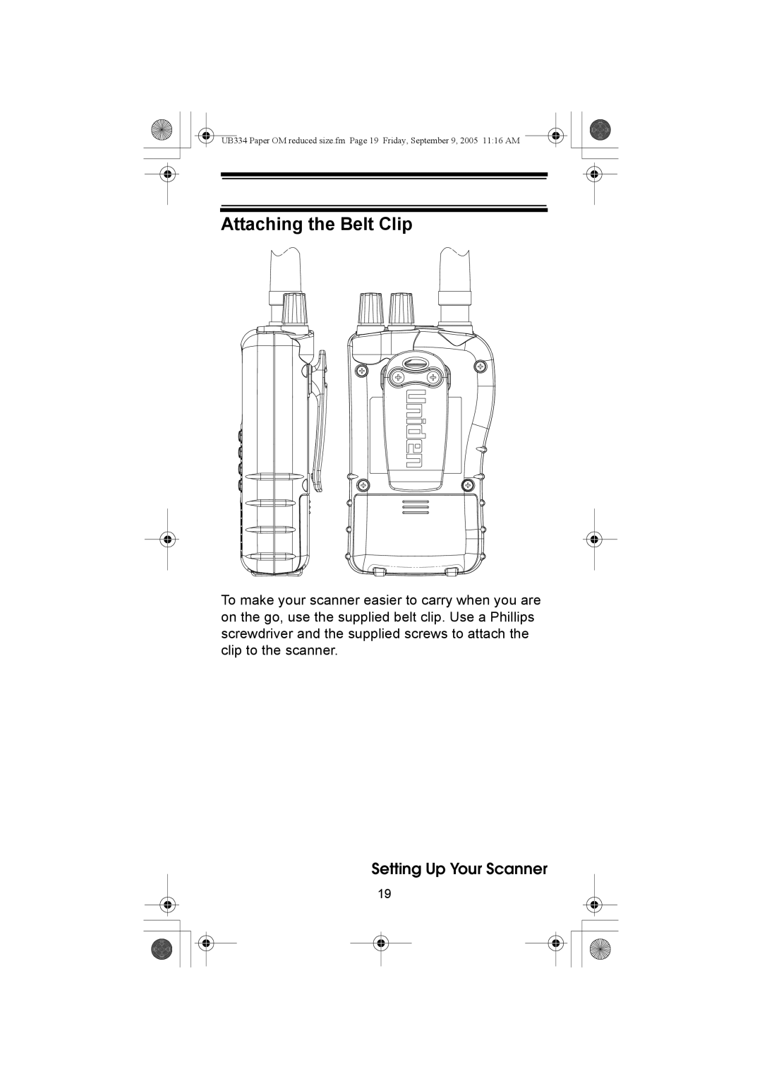 Uniden UBC69XLT manual Attaching the Belt Clip 