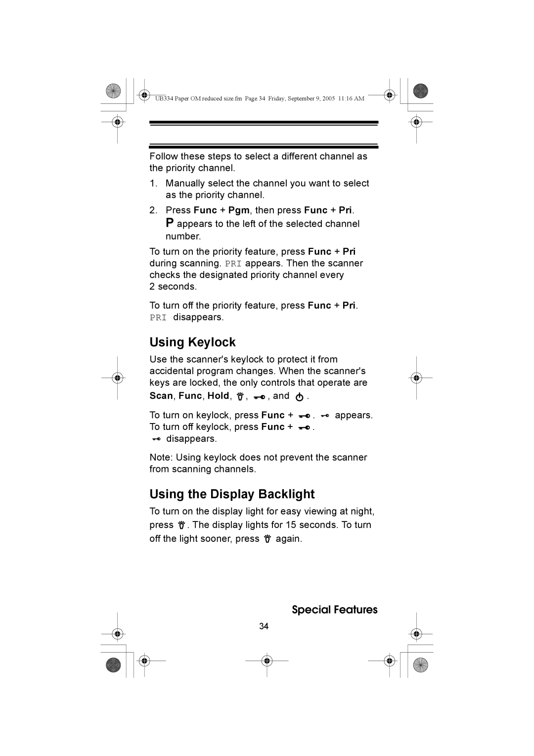 Uniden UBC69XLT manual Using Keylock, Using the Display Backlight 