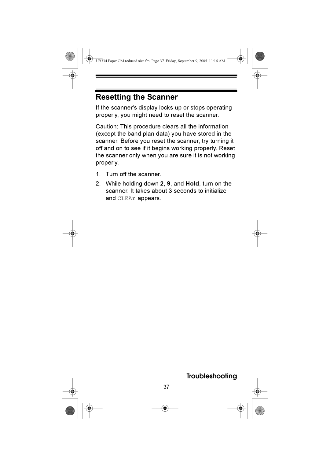 Uniden UBC69XLT manual Resetting the Scanner 