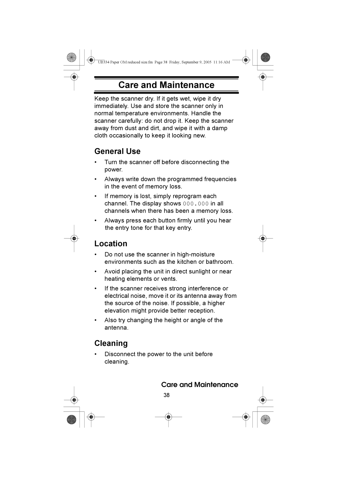 Uniden UBC69XLT manual Care and Maintenance, General Use, Location, Cleaning 