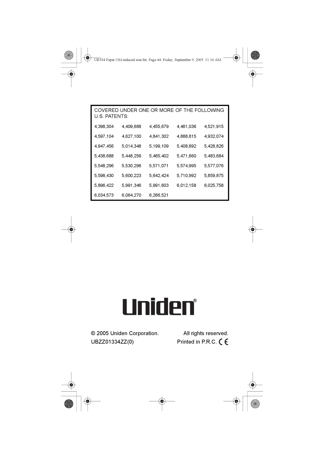 Uniden UBC69XLT manual Uniden Corporation All rights reserved UBZZ01334ZZ0 