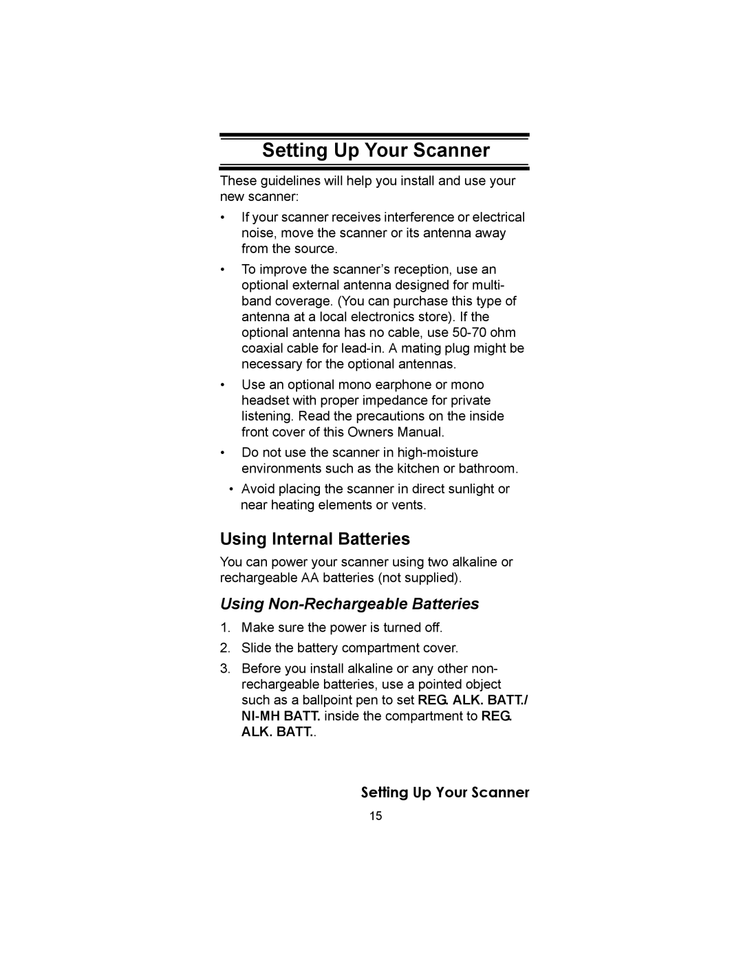 Uniden UBC72XLT owner manual Setting Up Your Scanner, Using Internal Batteries, Using Non-Rechargeable Batteries 