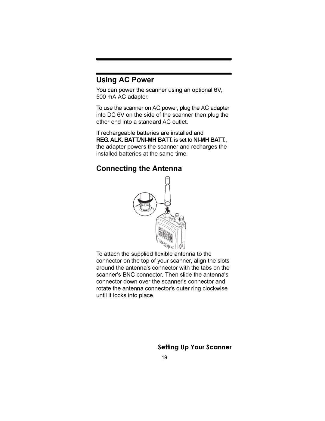 Uniden UBC72XLT owner manual Using AC Power, Connecting the Antenna 