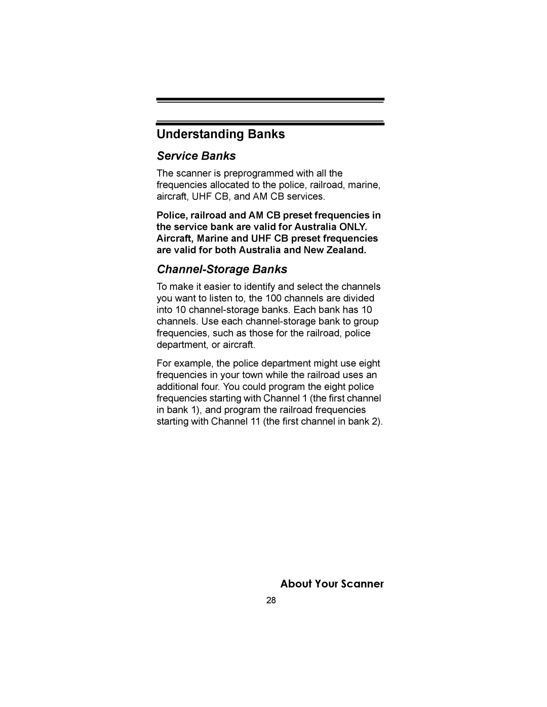 Uniden UBC72XLT owner manual Understanding Banks, Service Banks, Channel-Storage Banks 