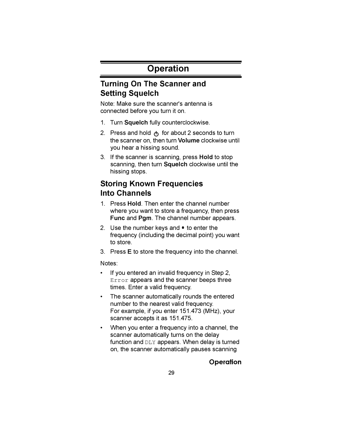 Uniden UBC72XLT owner manual Operation, Turning On The Scanner Setting Squelch, Storing Known Frequencies Into Channels 