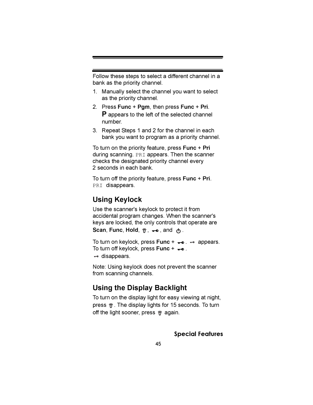 Uniden UBC72XLT owner manual Using Keylock, Using the Display Backlight 