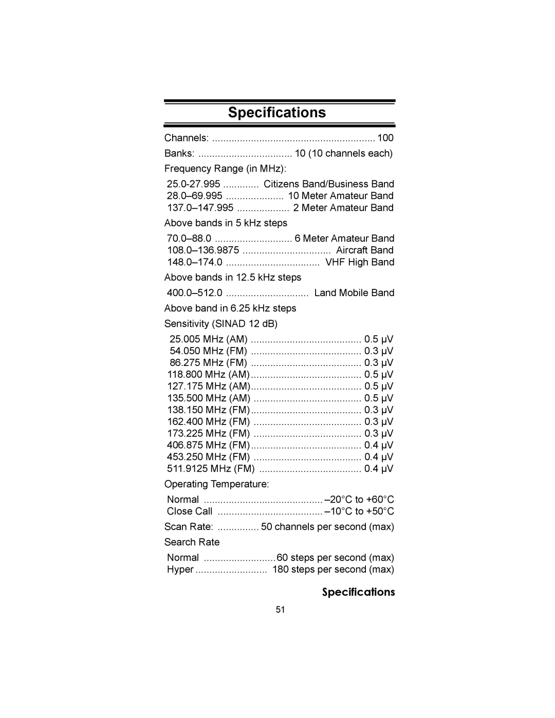 Uniden UBC72XLT owner manual Specifications 