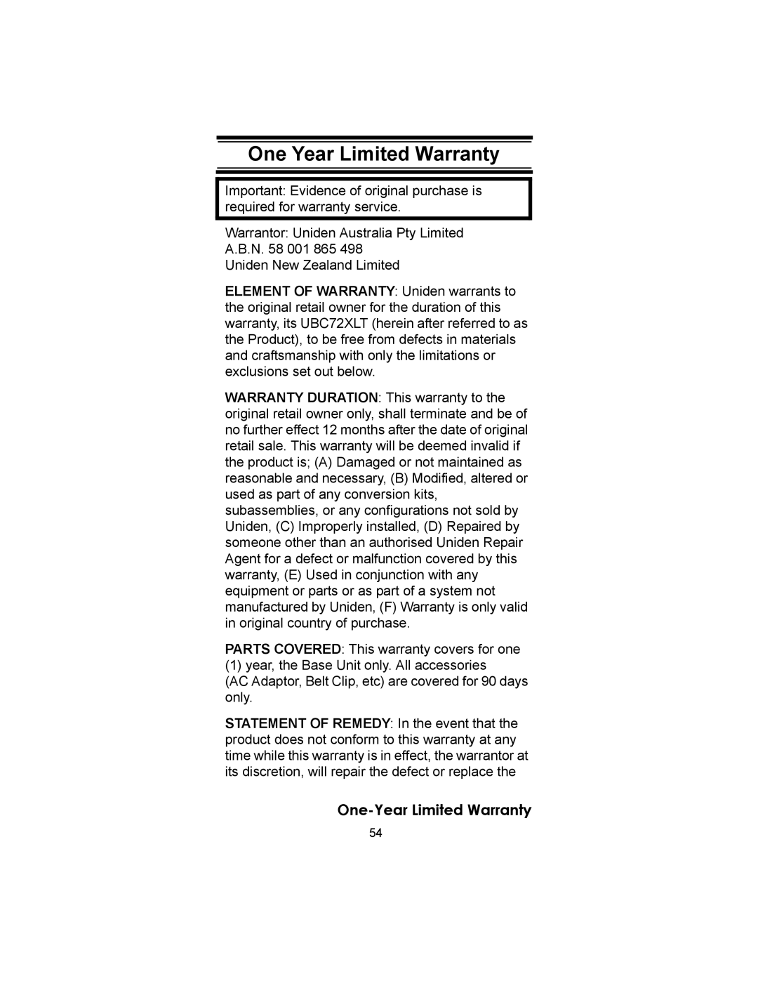 Uniden UBC72XLT owner manual One Year Limited Warranty, One-Year Limited Warranty 