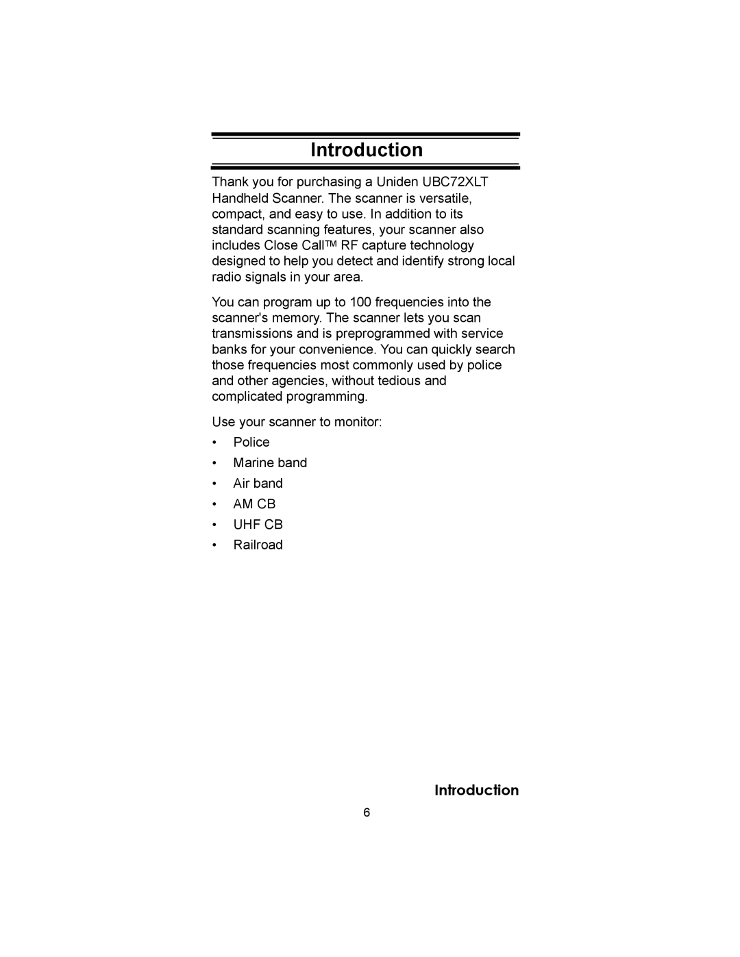 Uniden UBC72XLT owner manual Introduction 