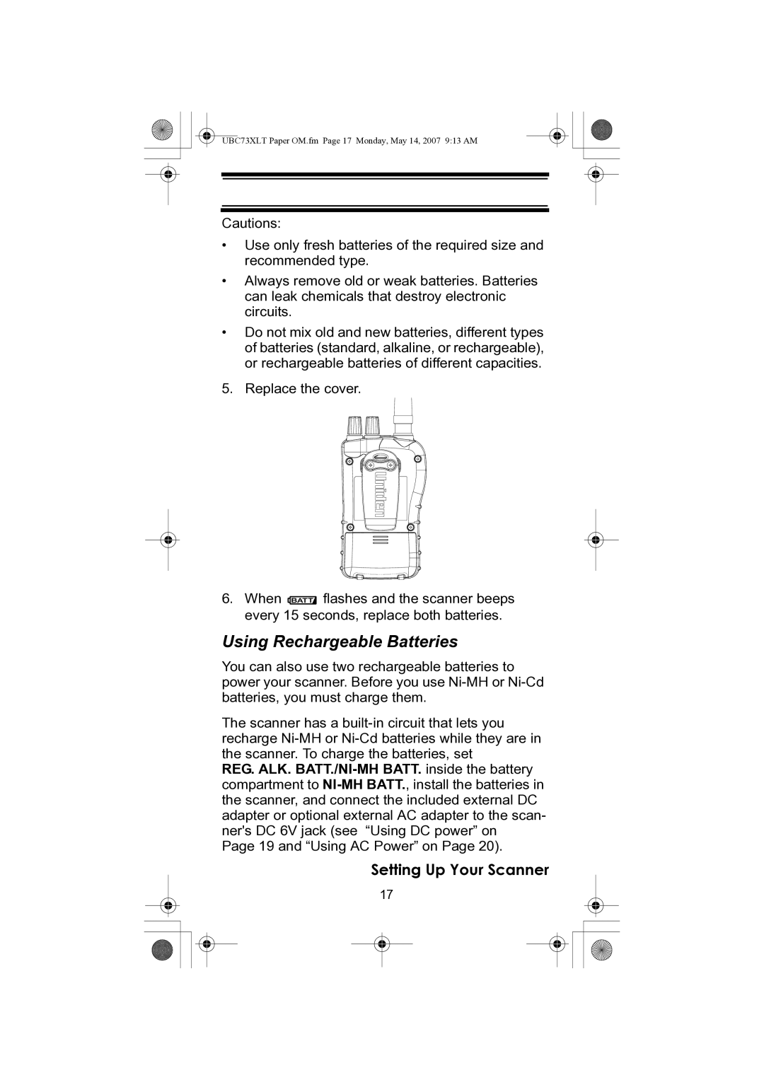 Uniden UBC73XLT owner manual Using Rechargeable Batteries 