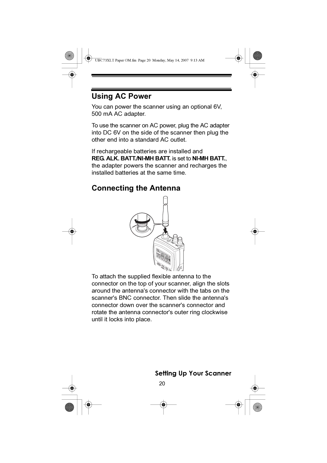 Uniden UBC73XLT owner manual Using AC Power, Connecting the Antenna 