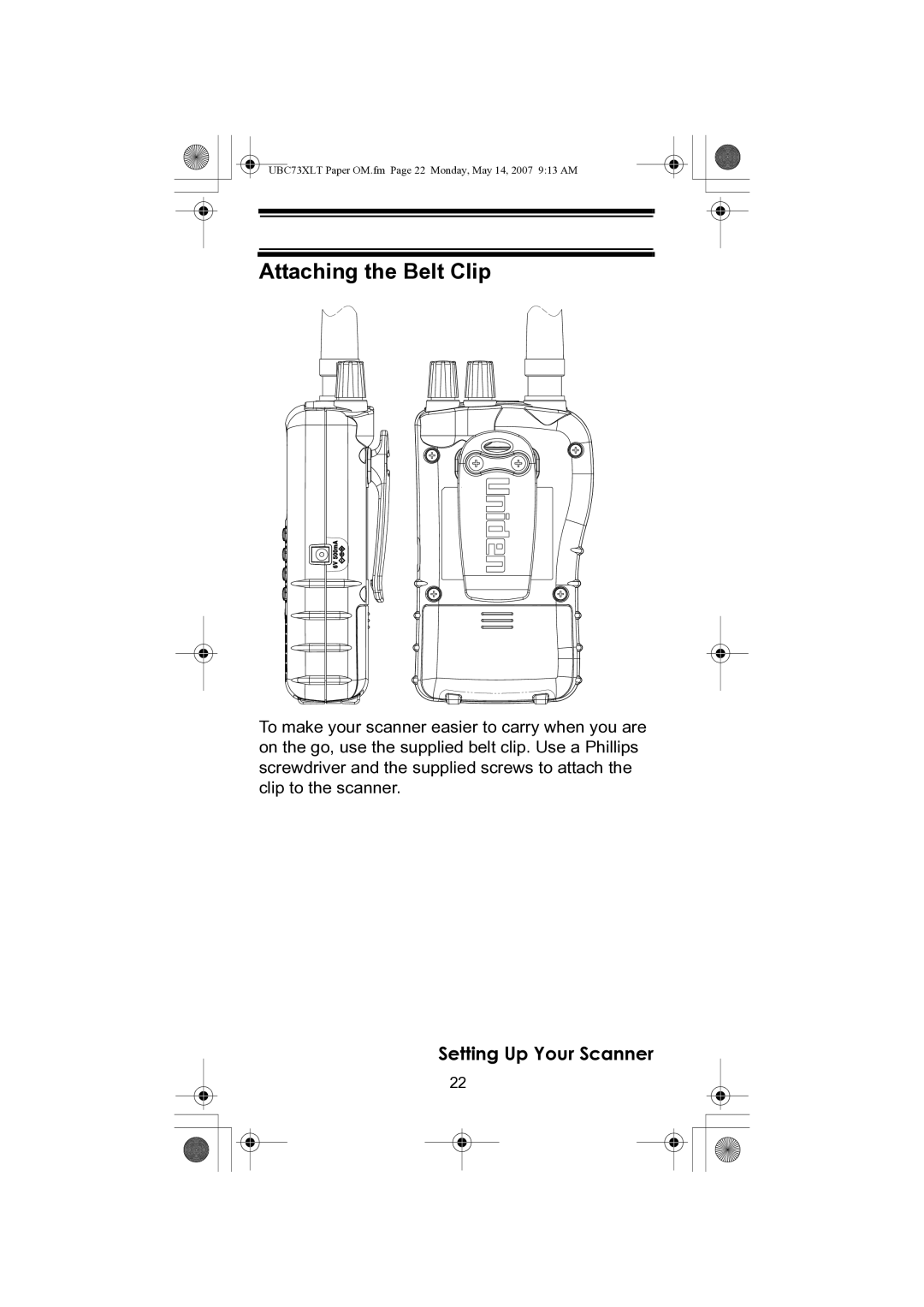 Uniden UBC73XLT owner manual Attaching the Belt Clip 