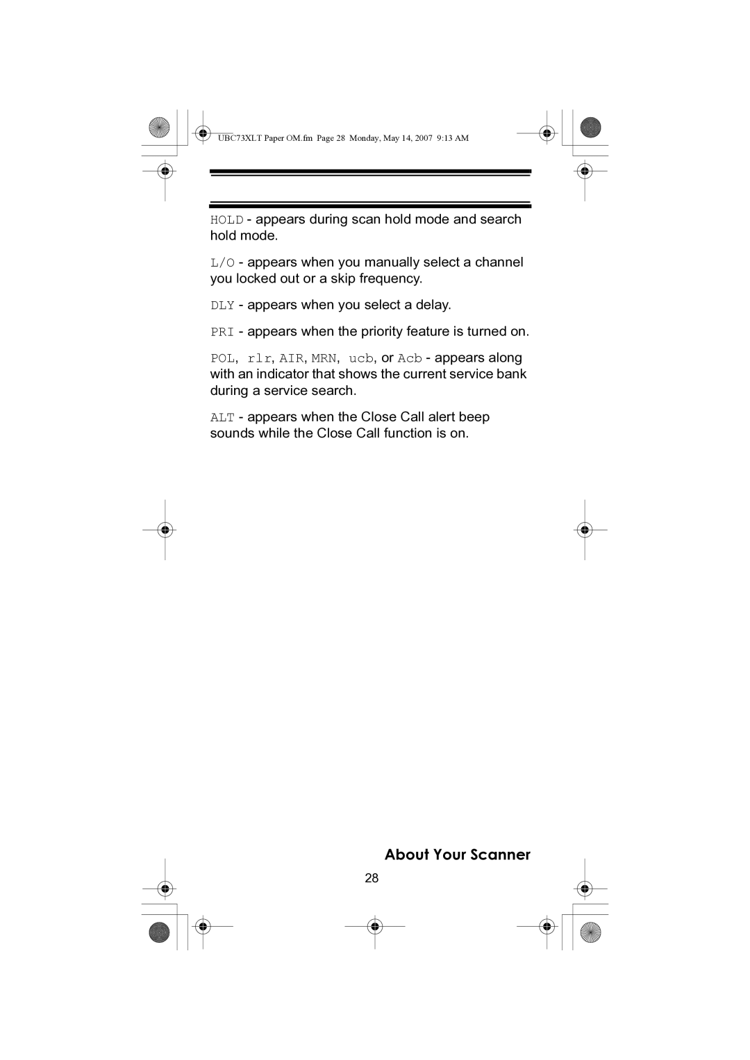 Uniden owner manual UBC73XLT Paper OM.fm Page 28 Monday, May 14, 2007 913 AM 