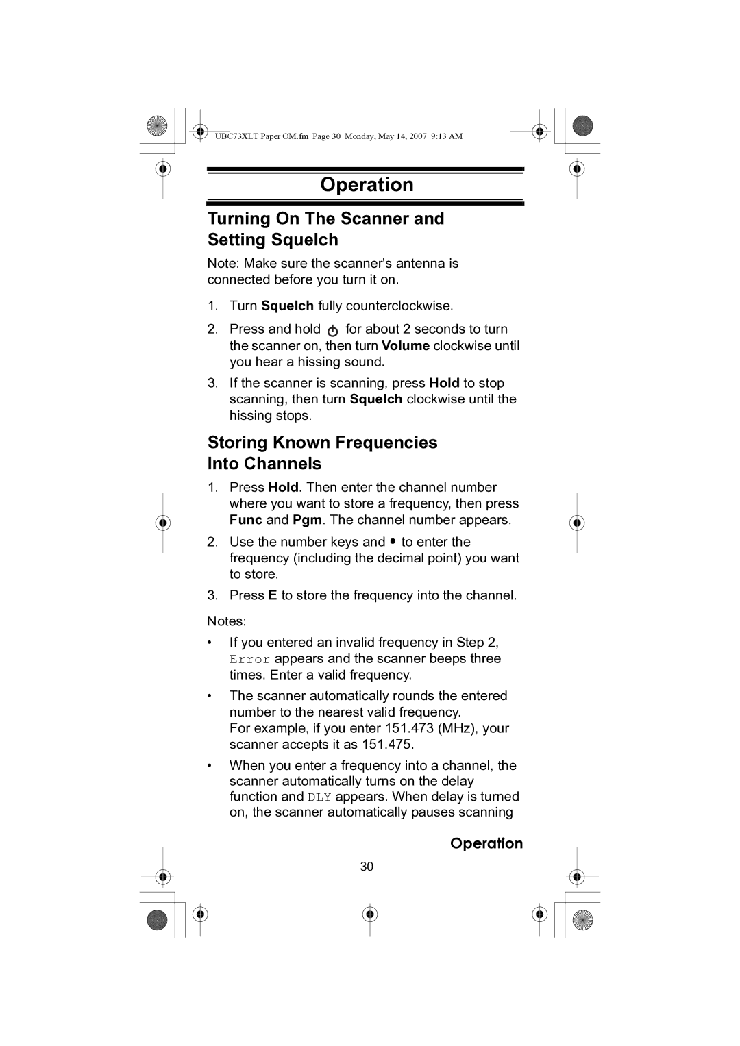 Uniden UBC73XLT owner manual Operation, Turning On The Scanner and Setting Squelch, Storing Known Frequencies Into Channels 