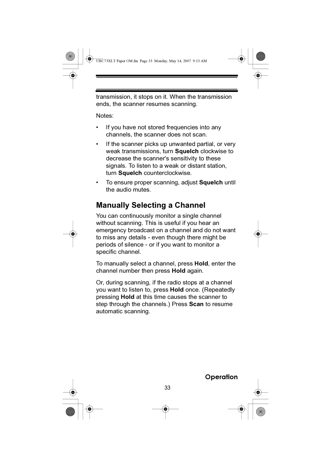 Uniden UBC73XLT owner manual Manually Selecting a Channel 