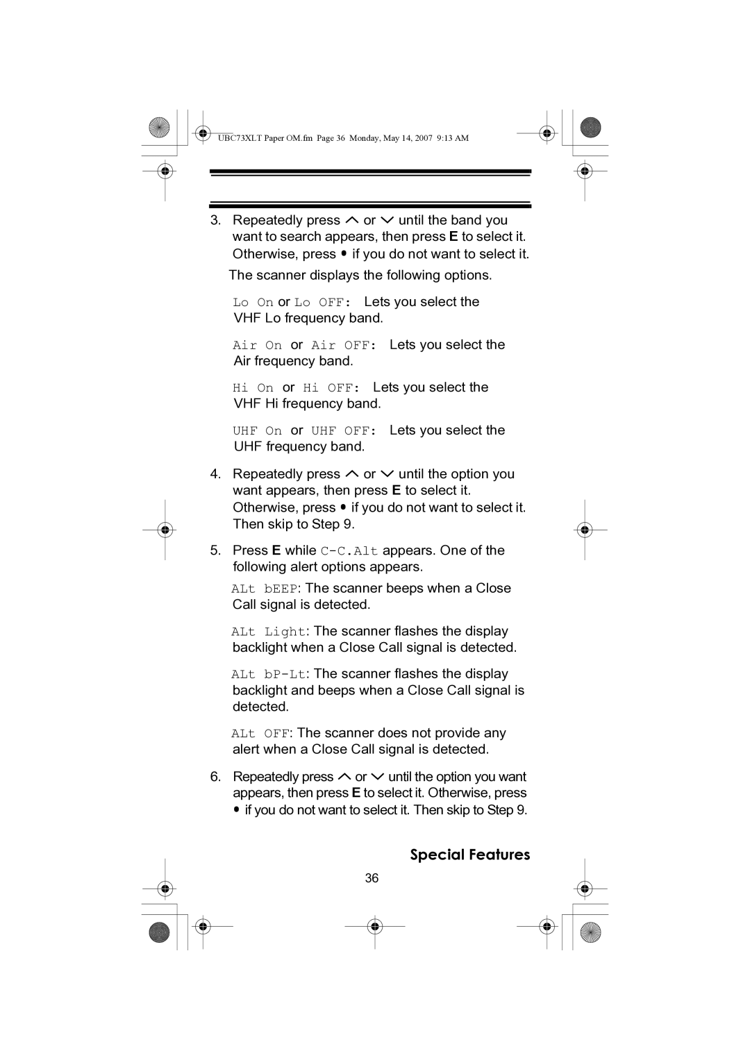 Uniden owner manual UBC73XLT Paper OM.fm Page 36 Monday, May 14, 2007 913 AM 