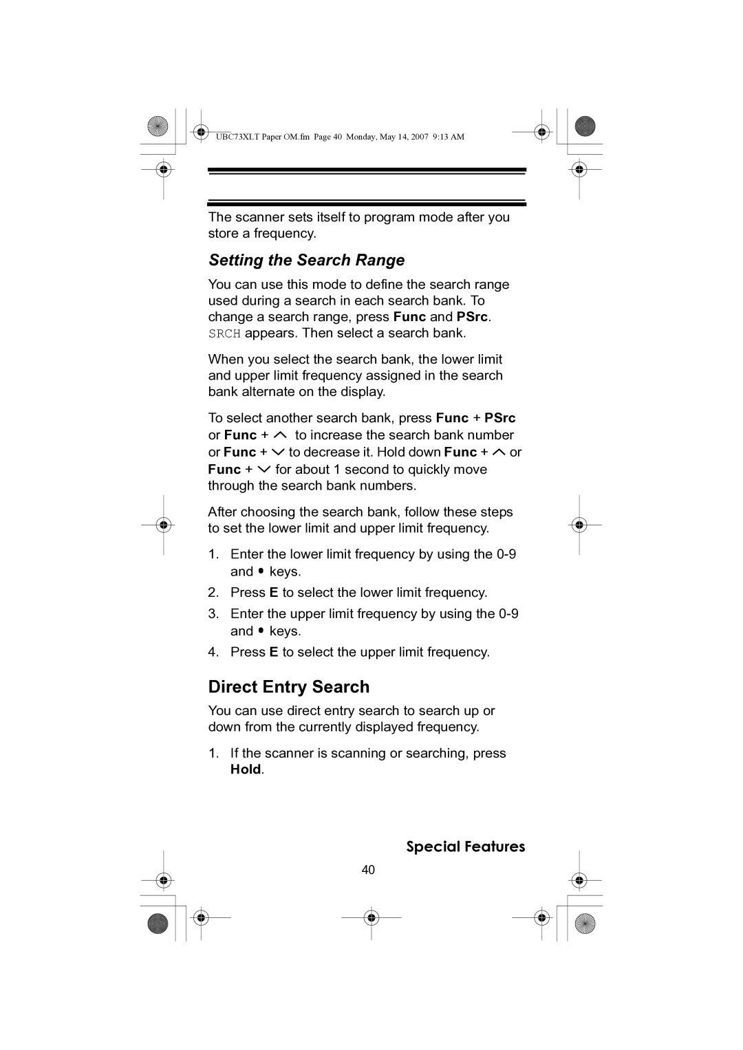 Uniden UBC73XLT owner manual Direct Entry Search, Setting the Search Range 