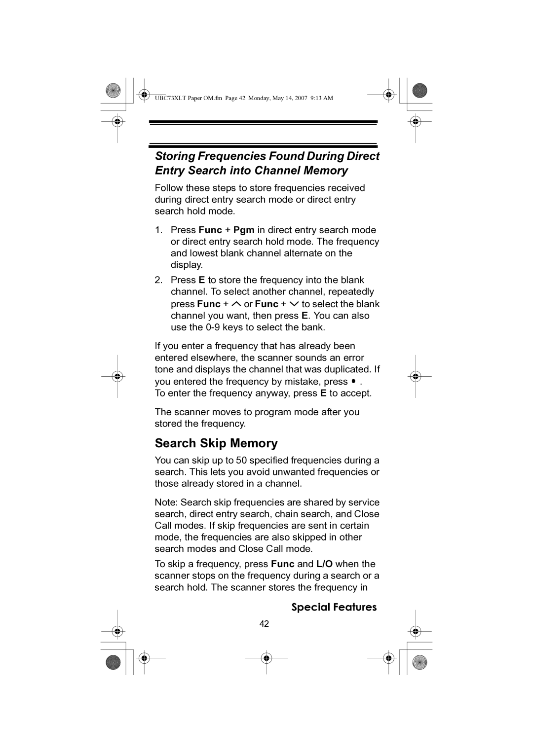 Uniden UBC73XLT owner manual Search Skip Memory 