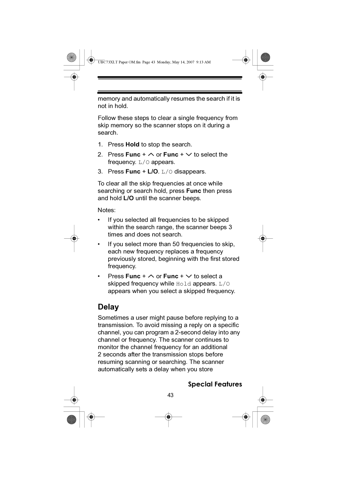 Uniden UBC73XLT owner manual Delay 