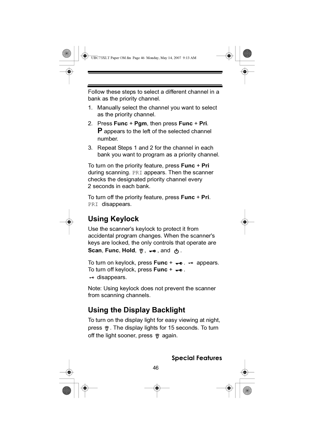 Uniden UBC73XLT owner manual Using Keylock, Using the Display Backlight 