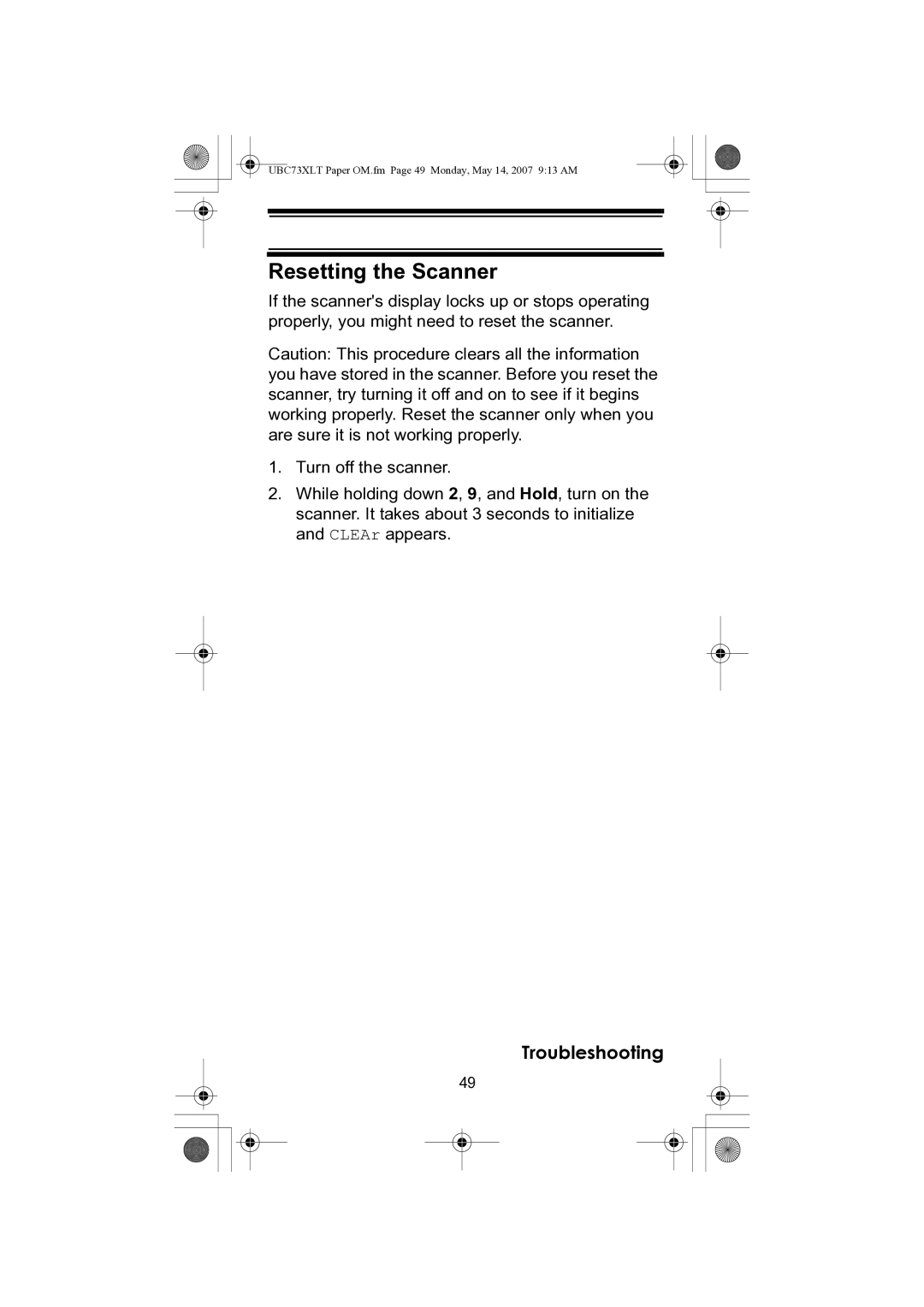 Uniden UBC73XLT owner manual Resetting the Scanner 