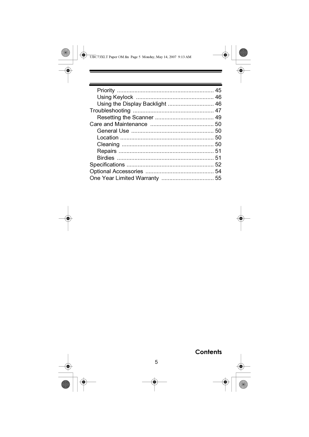 Uniden owner manual UBC73XLT Paper OM.fm Page 5 Monday, May 14, 2007 913 AM 