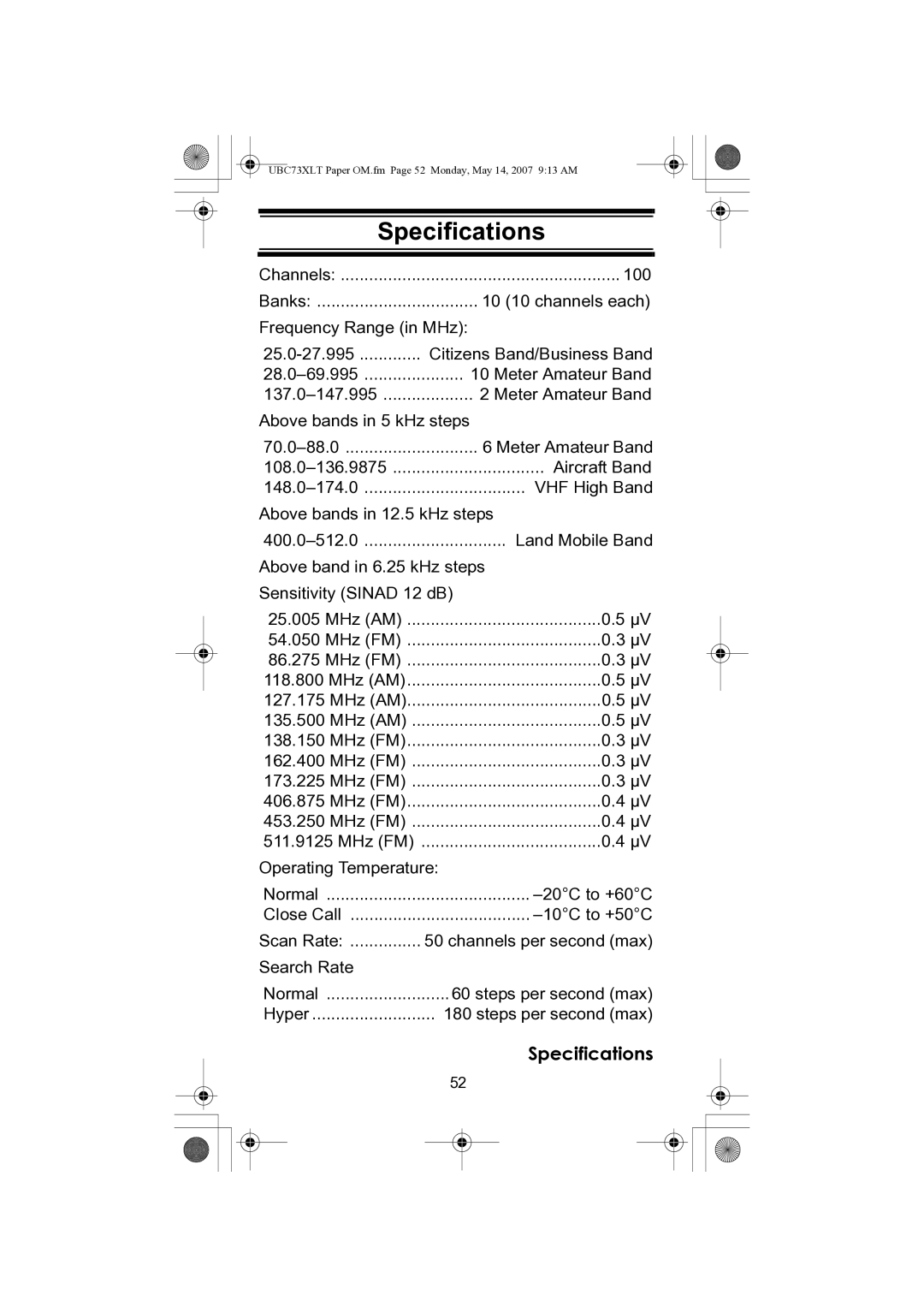 Uniden UBC73XLT owner manual Specifications 