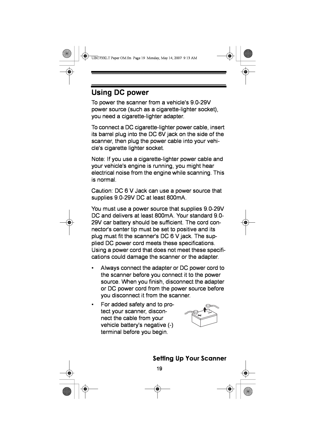Uniden owner manual Using DC power, Setting Up Your Scanner, UBC73XLT Paper OM.fm Page 19 Monday, May 14, 2007 913 AM 