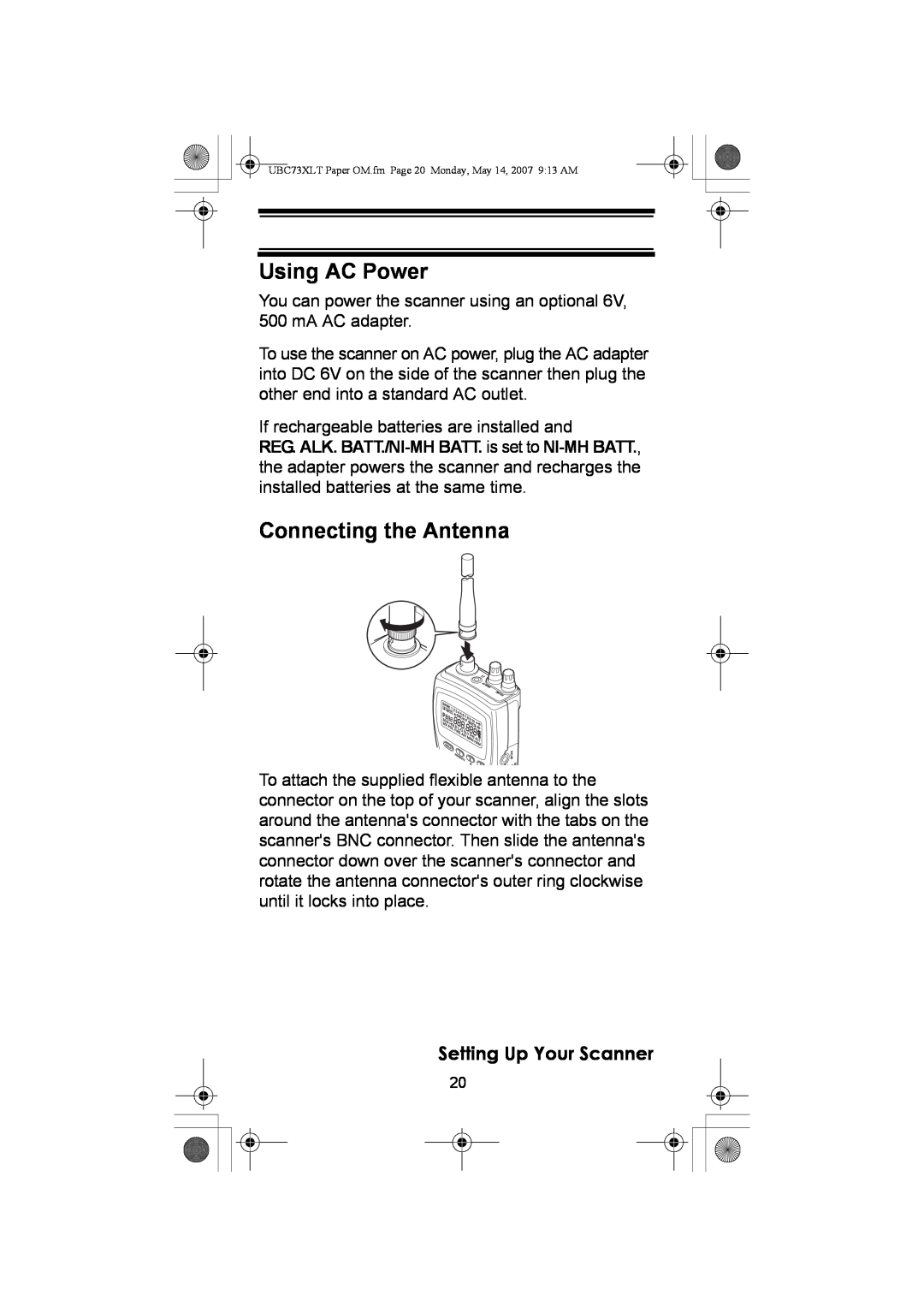 Uniden UBC73XLT owner manual Using AC Power, Connecting the Antenna, Setting Up Your Scanner 