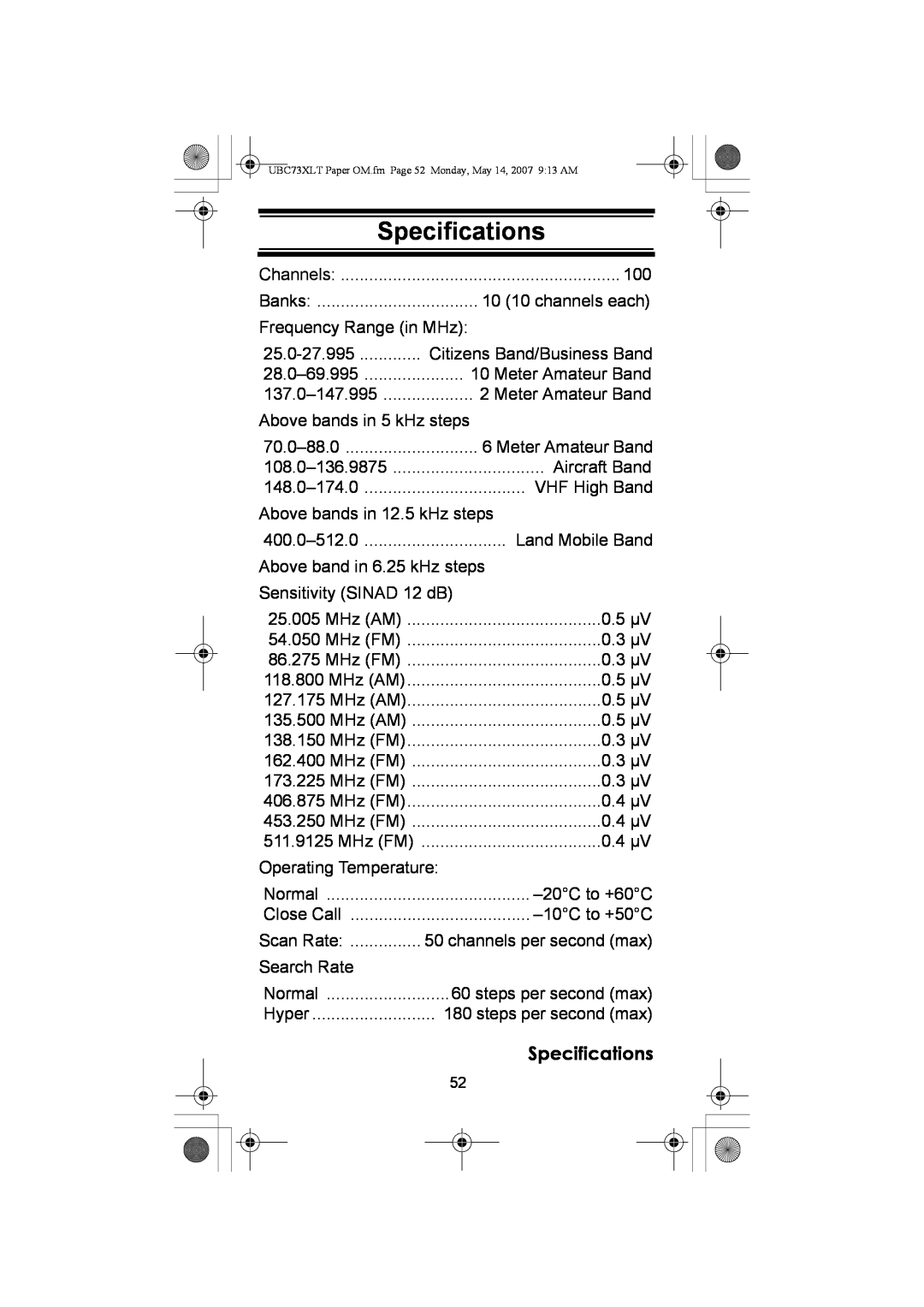 Uniden UBC73XLT owner manual Specifications 