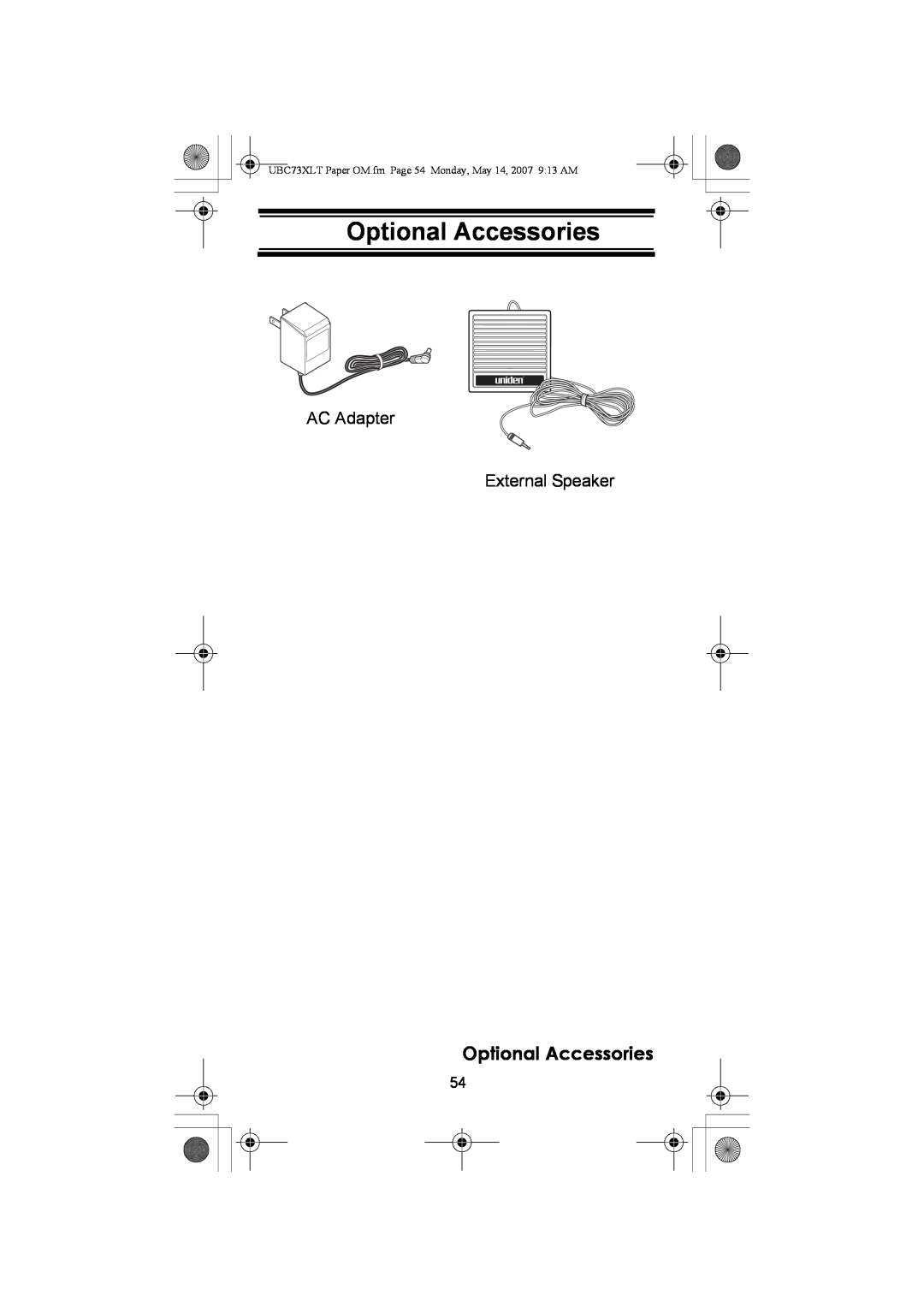 Uniden owner manual Optional Accessories, UBC73XLT Paper OM.fm Page 54 Monday, May 14, 2007 913 AM 