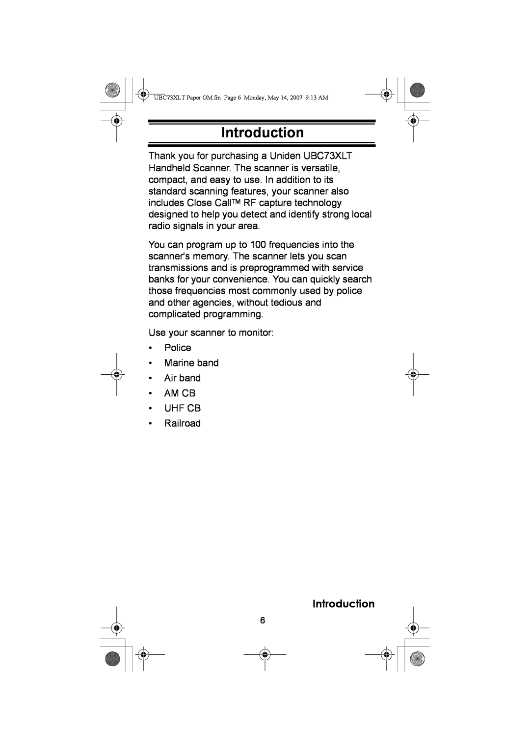 Uniden UBC73XLT owner manual Introduction 