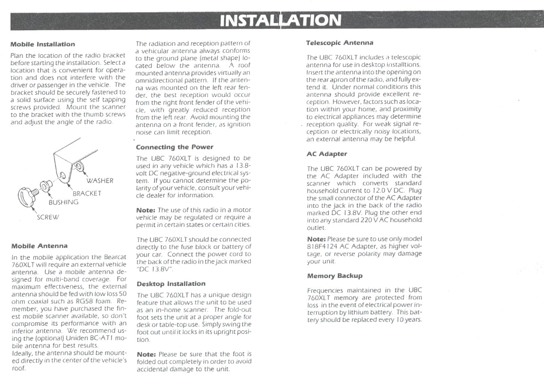 Uniden UBC760XLT Mobile Installation, Connecting the Power, Telescopic Antenna, AC Adapter, Mobile Antenna, Memory Backup 