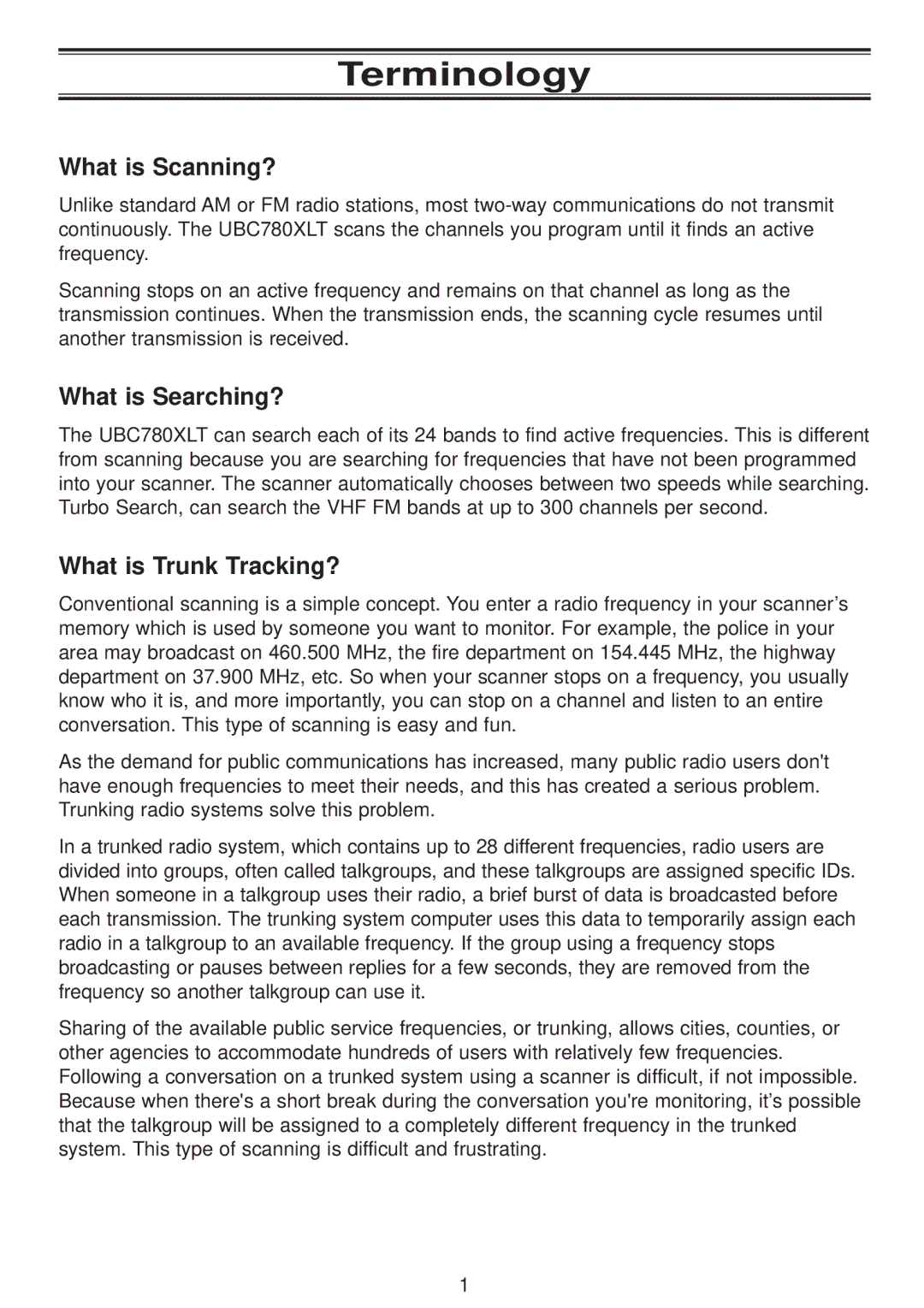 Uniden UBC780XLT manual Terminology, What is Scanning?, What is Searching?, What is Trunk Tracking? 