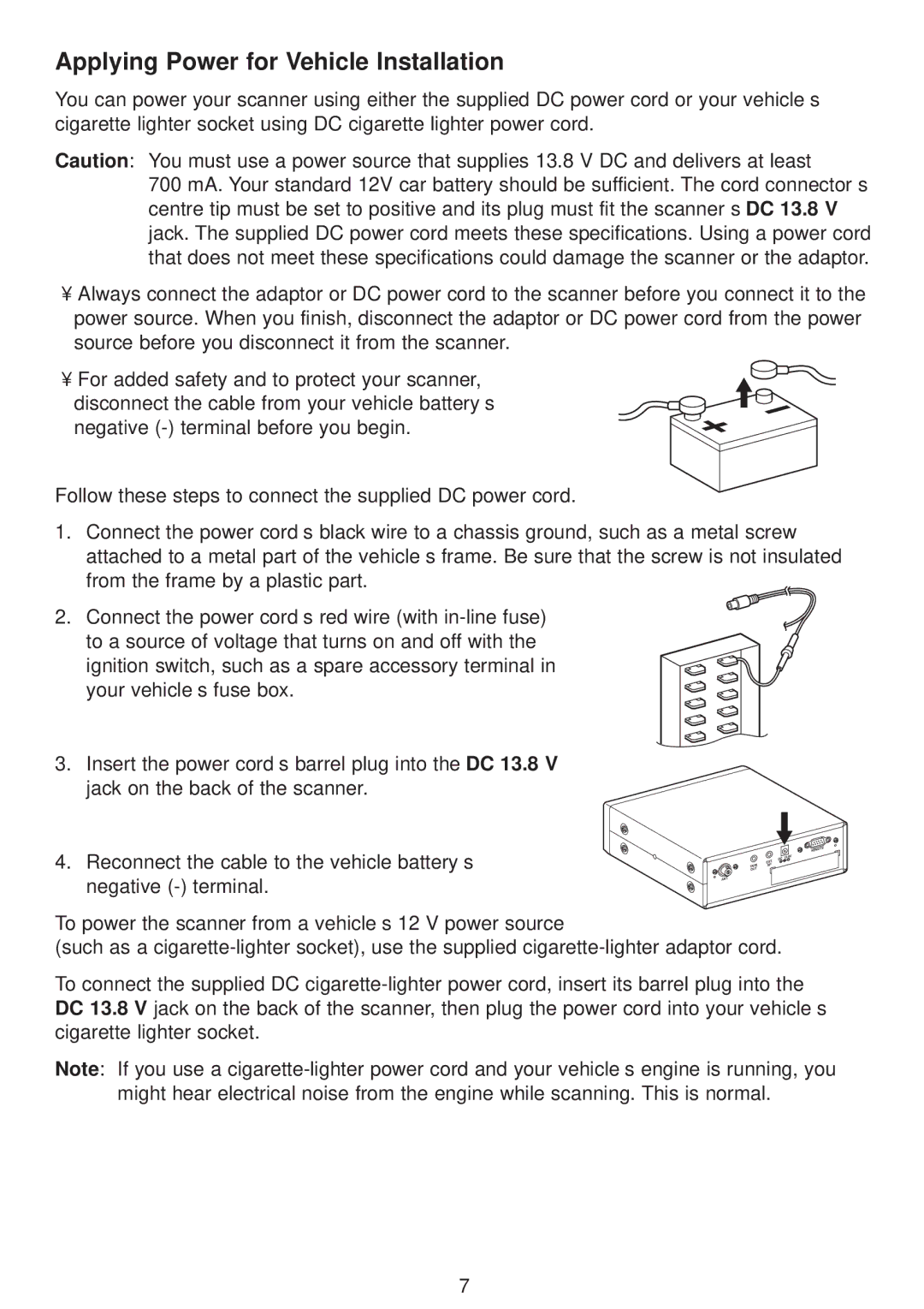 Uniden UBC780XLT manual Applying Power for Vehicle Installation 