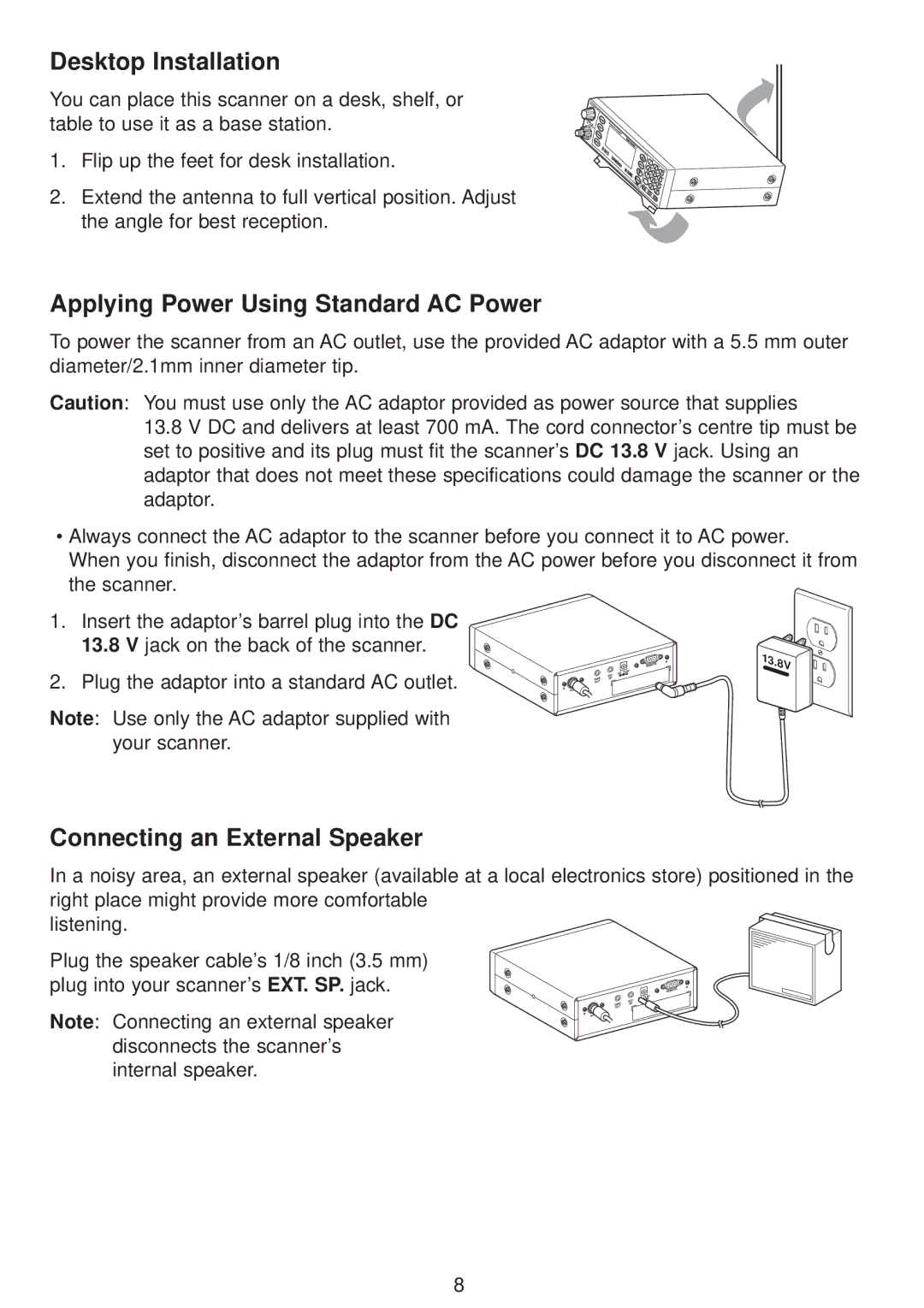 Uniden UBC780XLT manual Desktop Installation, Applying Power Using Standard AC Power, Connecting an External Speaker 