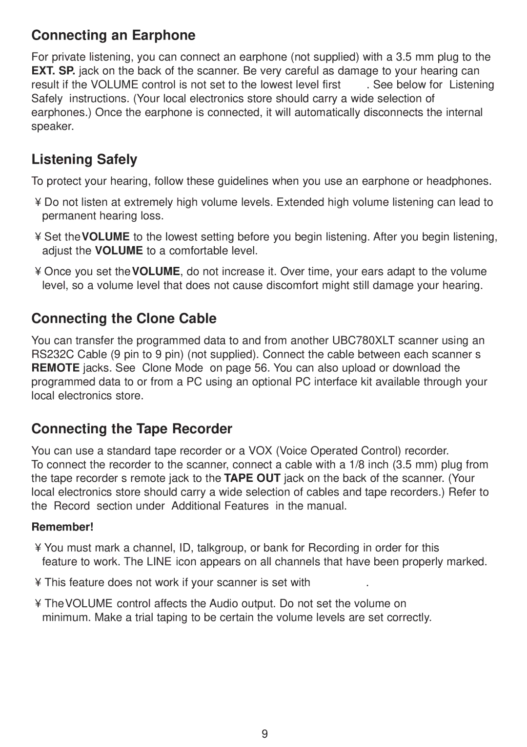 Uniden UBC780XLT manual Connecting an Earphone, Listening Safely, Connecting the Clone Cable, Connecting the Tape Recorder 