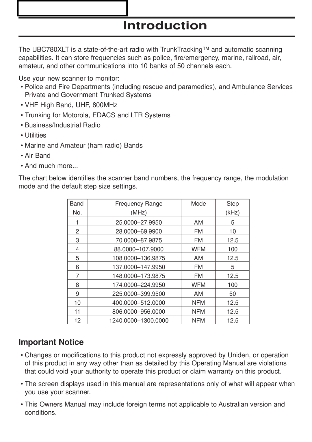 Uniden UBC780XLT manual Introduction, Important Notice 