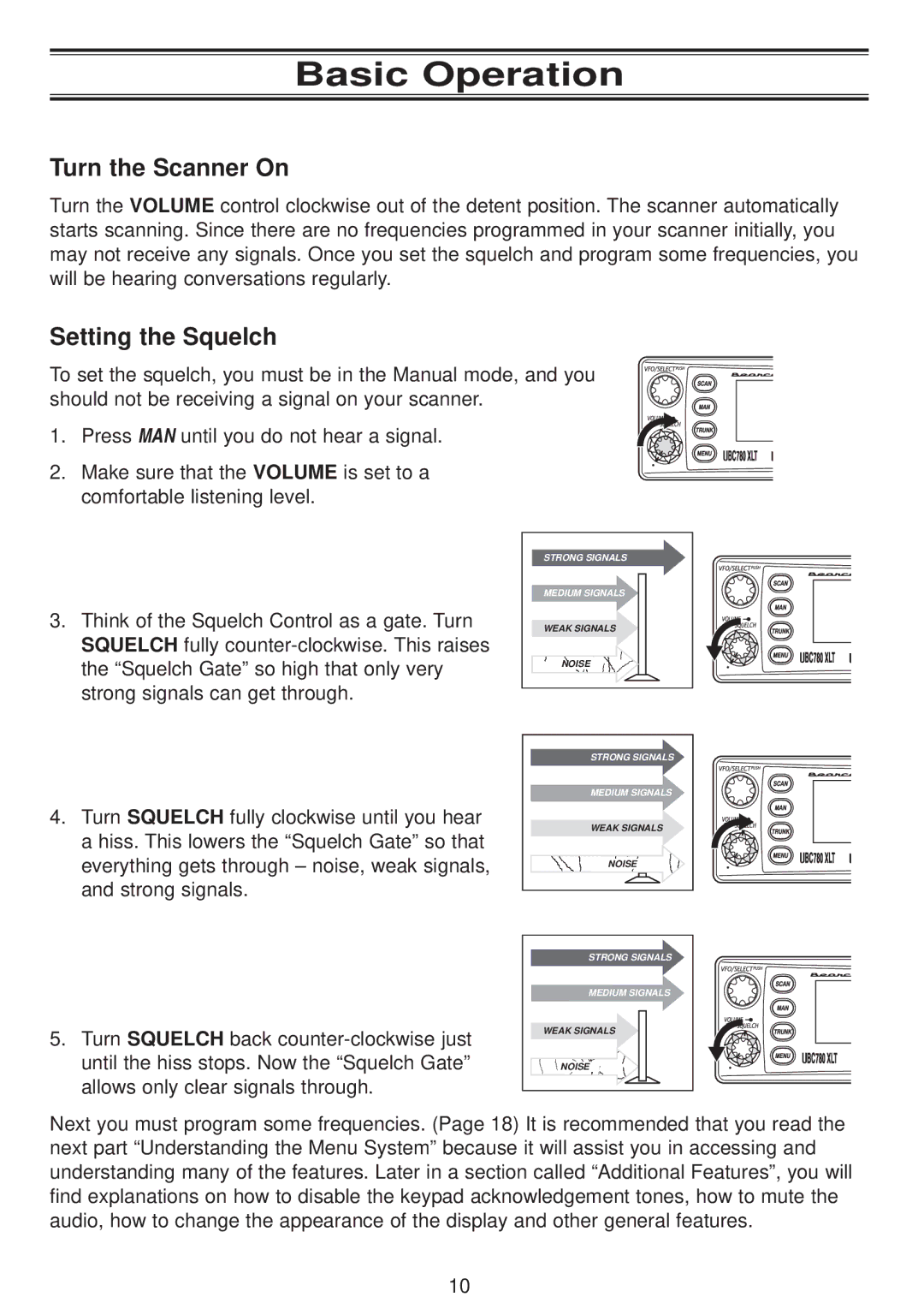 Uniden UBC780XLT manual Basic Operation, Turn the Scanner On, Setting the Squelch 