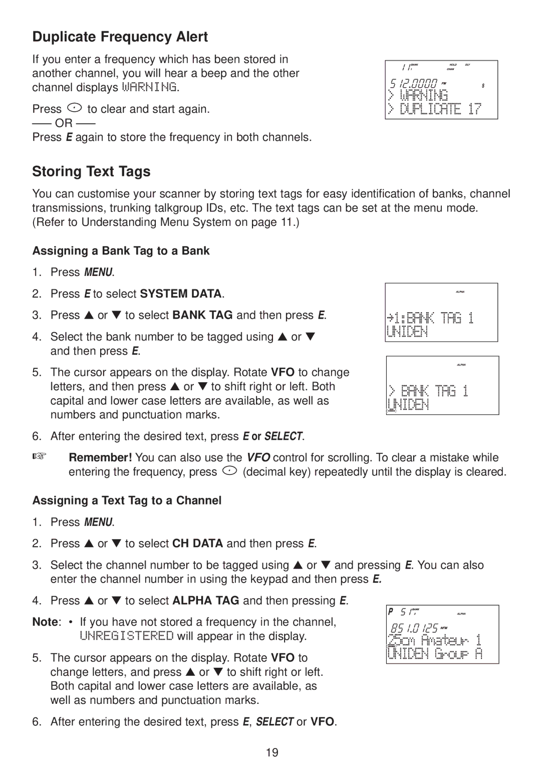 Uniden UBC780XLT manual Duplicate Frequency Alert, Storing Text Tags, Assigning a Bank Tag to a Bank 