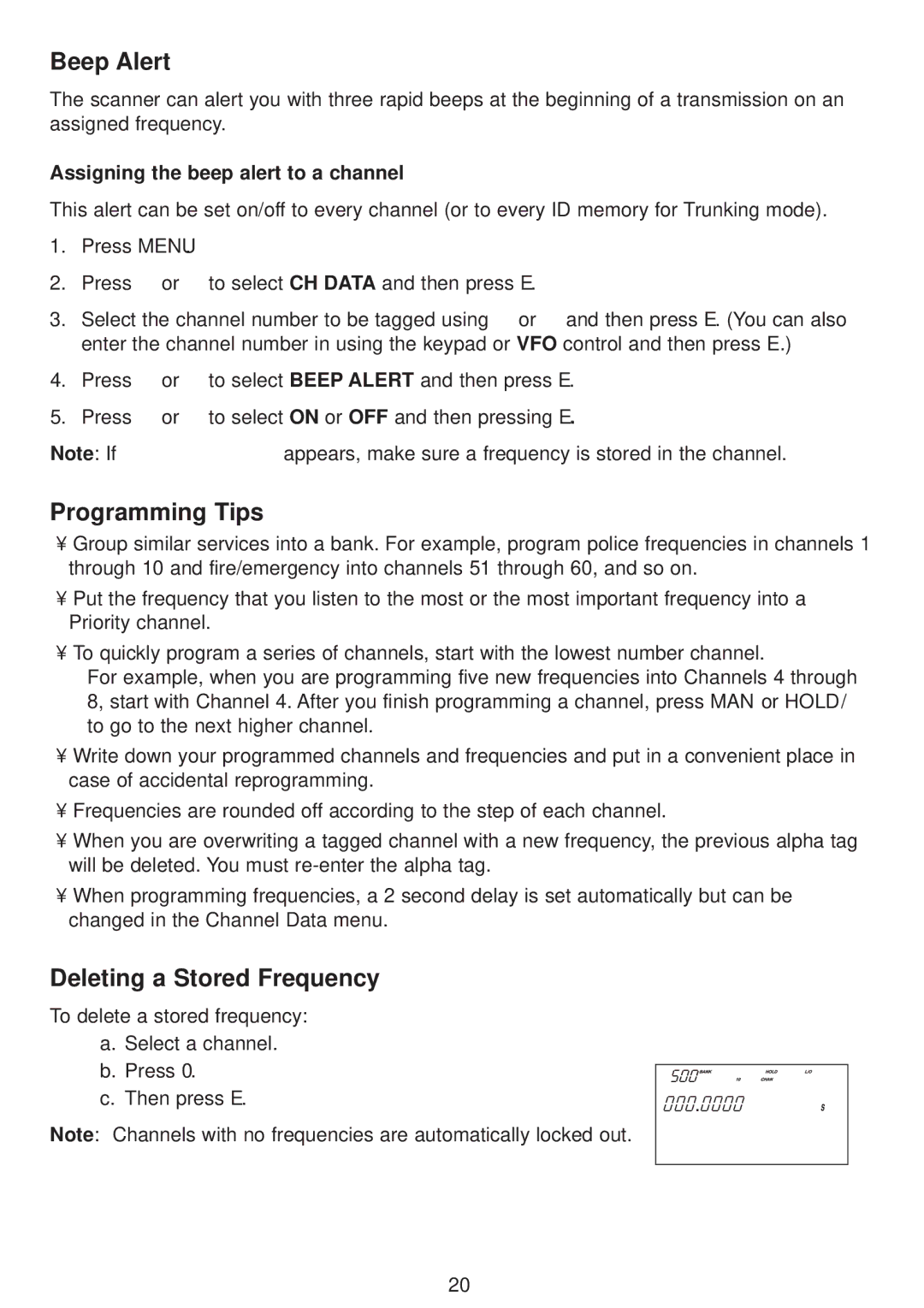 Uniden UBC780XLT manual Beep Alert, Programming Tips, Deleting a Stored Frequency, Assigning the beep alert to a channel 