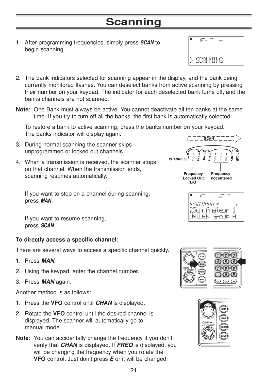 Uniden UBC780XLT manual Scanning, To directly access a specific channel 