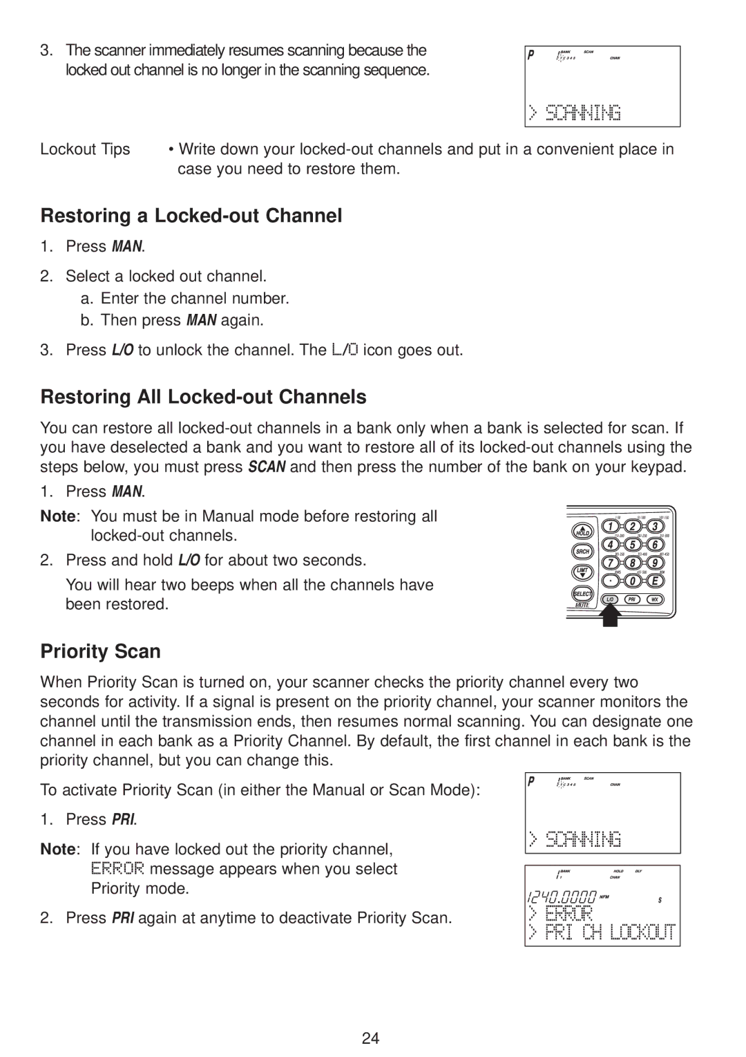 Uniden UBC780XLT manual Restoring a Locked-out Channel, Restoring All Locked-out Channels, Priority Scan 