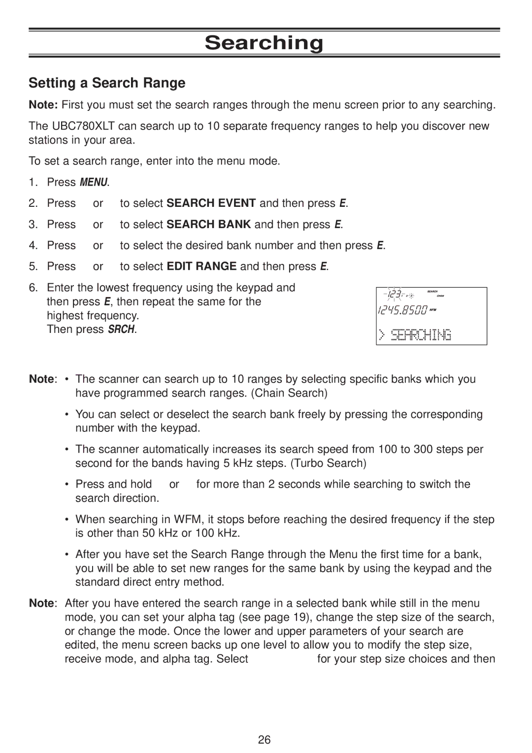 Uniden UBC780XLT manual Searching, Setting a Search Range 