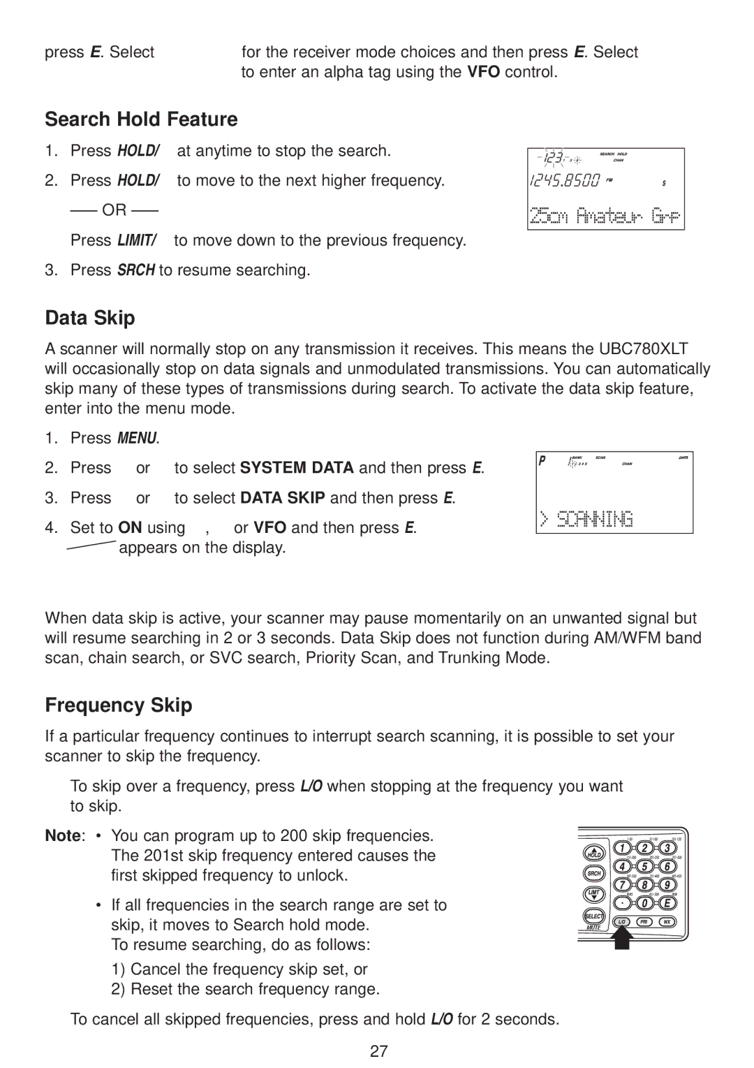 Uniden UBC780XLT manual Search Hold Feature, Data Skip, Frequency Skip 